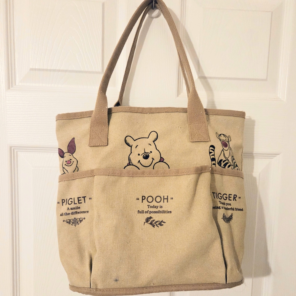 Source Unknown Beige Canvas Tote Bag with Cartoon Characters